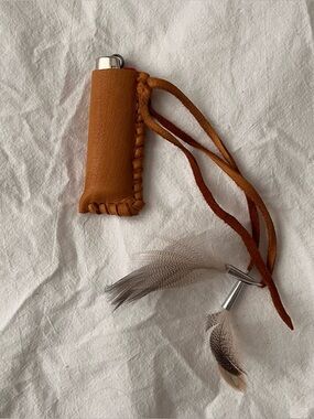 Artisan Made Brown Leather BIC Sleeve Case with Feathers